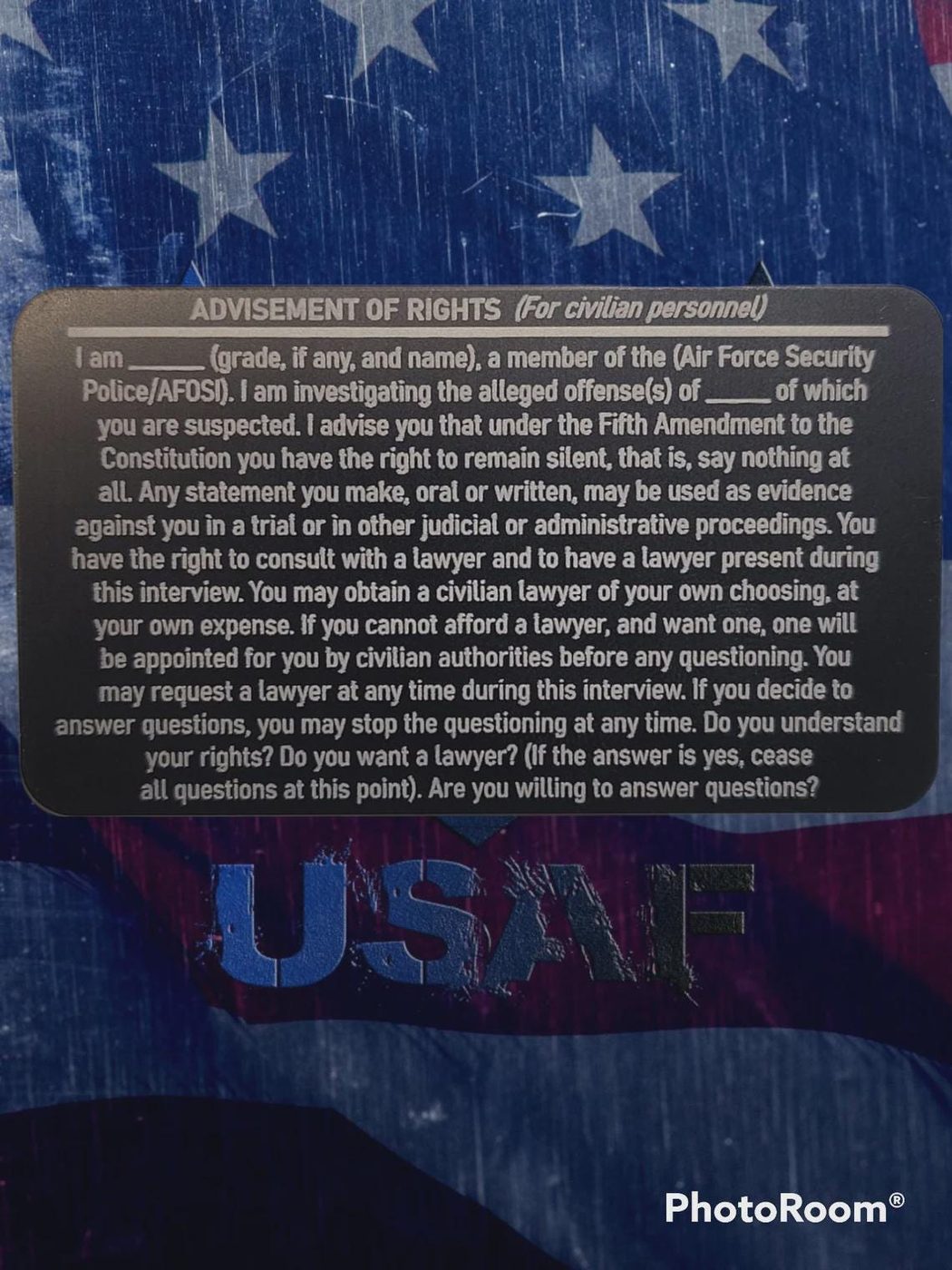 ThinLineEngraving US Air Force Rights Advisement Metal Card – Military & Law Enforcement